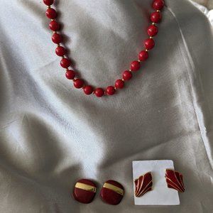 Vintage Monet Red enamel stud square Geometric Stripe Earrings Gold tone